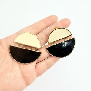 VINTAGE MONET BLACK AND WHITE ENAMEL HALF MOON CLIP-ON EARRINGS